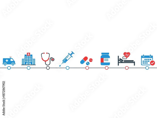 Medical journey timeline with ambulance hospital stethoscope syringe pills bed