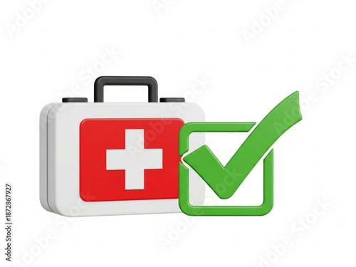 First aid kit with green checkmark symbol on white background