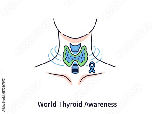 World thyroid awareness month illustration with human neck throat and blue