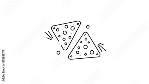 Two triangular tortilla chips or nachos with seasoning and air bubbles shown in a simple black and white outline style for food icons.
