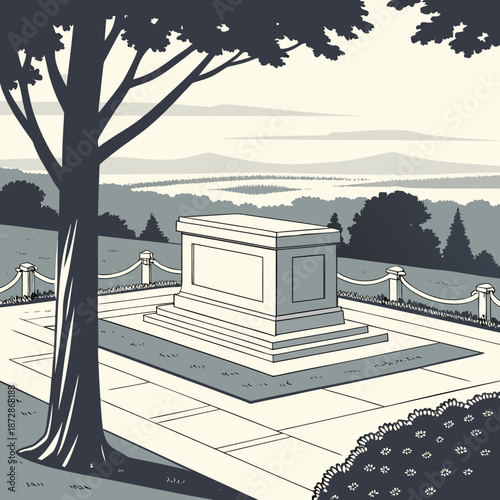 Grayscale of memorial tombstone on stone platform with tree and landscape