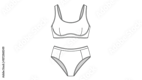 Women's underwear set including a simple sports-style bra and matching high-waisted panties shown in a fashion technical sketch design.