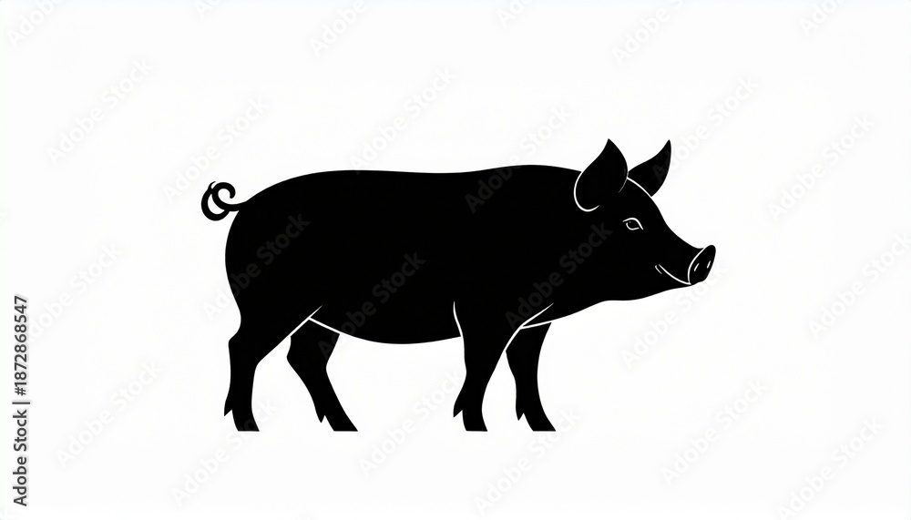 Fototapeta premium Black pig standing isolated on white background minimalist vector illustration