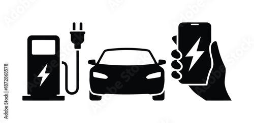 Vector illustration shows a car charging at electric station with smartphone