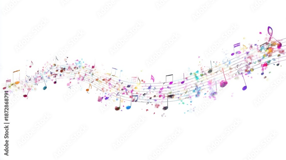 Fototapeta premium Colorful music notes on wave of staff lines with splashes of paint on white background.