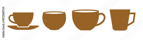 Coffee cup icon set. Cups of coffee and tea in Flat and Outline Style collection. Hot drink icon on transparent background