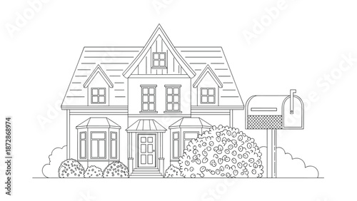 Detailed line art drawing of a classic two-story suburban family home with a front garden and a curbside mailbox.