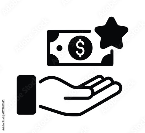 Black vector hand offering dollar bill with star symbol