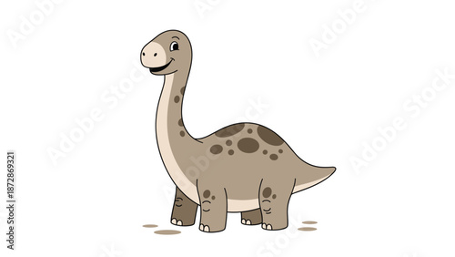 Friendly long-necked brontosaurus dinosaur standing and smiling in a colorful and gentle cartoon animal illustration.