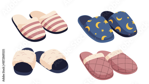 Collection of cozy indoor slippers in different styles and patterns including stripes, stars, and furry textures on white.