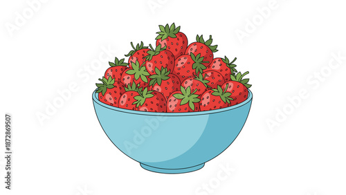 Large blue bowl filled with a heap of fresh ripe red strawberries with green stems in a colorful digital illustration.