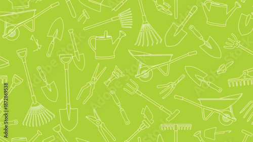 Garden Tools Pattern: Shovels Rakes Trowels Wheelbarrow and More in Bright Lime Background