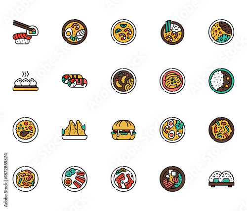 asian cuisine color line icons set