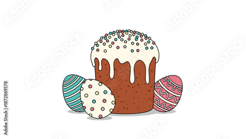 Traditional Easter cake with white icing and sprinkles surrounded by decorated Easter eggs in a warm colorful illustration.