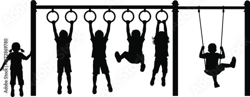 Silhouette illustration of children playing on playground equipment with monkey bars and swings, active childhood, outdoor fun, fitness, and recreational activities concept