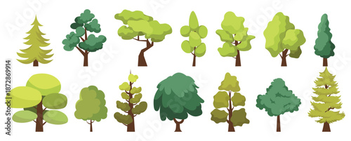 Tableau sur toile Flat Design Various Green Tree Collection Illustration Isolated on White