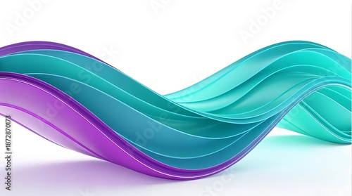 Flowing abstract wave made of purple and teal ribbons on a white background
