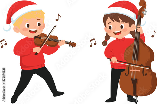 Cute Christmas cartoon of children playing violin and double bass in Santa hats, joyful holiday music performance illustration for kids, winter celebrations, and festive design