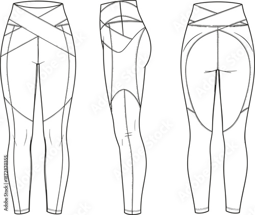 Women leggings CAD technical drawing, front side back views, fashion flat vector illustration, garment construction outline, apparel design template