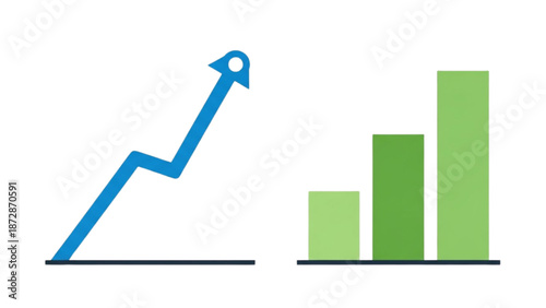 A blue arrow pointing upwards alongside a green bar graph on a white background