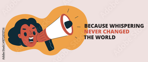 Cartoon vector illustration of woman shouting into a megaphone, symbolizing communication, announcement, empowerment