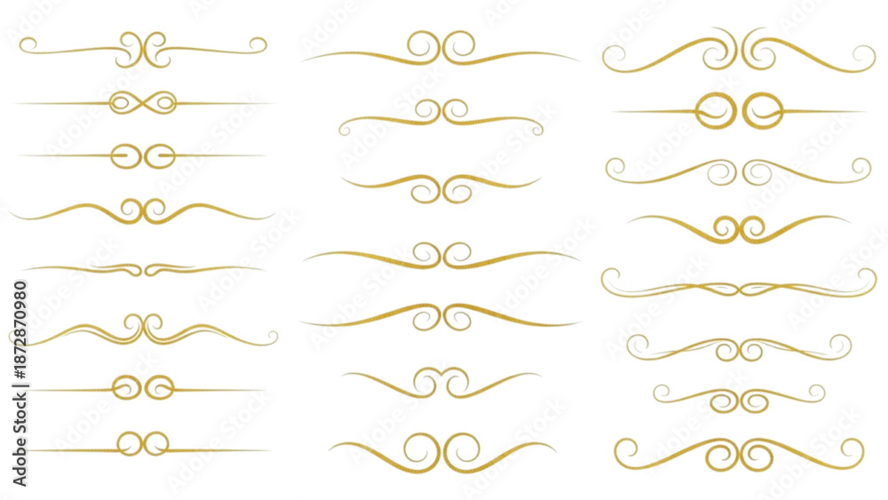 Obraz premium Golden ornate flourishes and dividers on a white background, elegant decorative elements