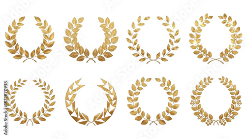 Collection of Golden Laurel Wreaths, Symbolizing Victory, Honor, Achievement, and Success for Awards and Recognition Designs
