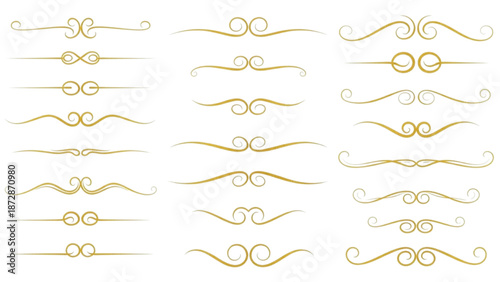 Golden ornate flourishes and dividers on a white background, elegant decorative elements