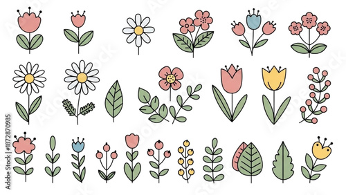 Collection of various hand-drawn flowers and leaves in different colors and styles on a white background from a straightforward viewpoint
