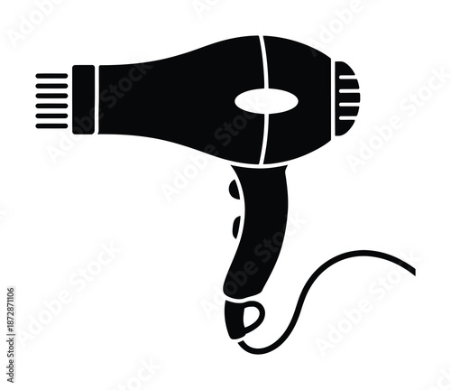 Black and white vector illustration of a handheld hair dryer with cord