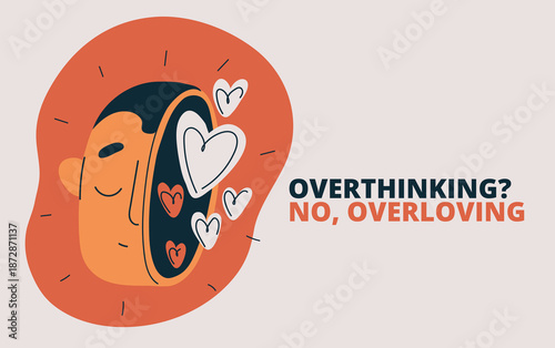 Cartoon vector illustration of man with hearts in his head, symbolizing love, romance, affectionate thoughts