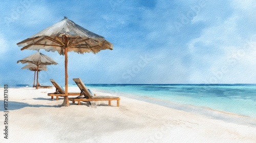 Serene tropical beach with lounge chairs and umbrellas under a clear blue sky.