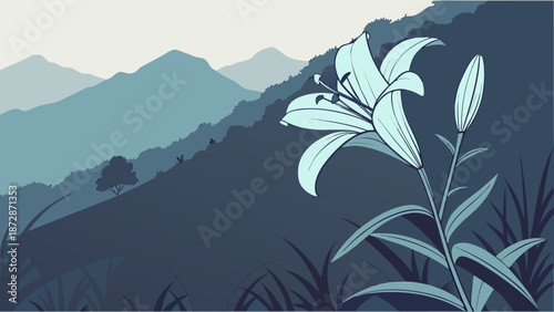 Tranquil mountain landscape with blooming lily illustration