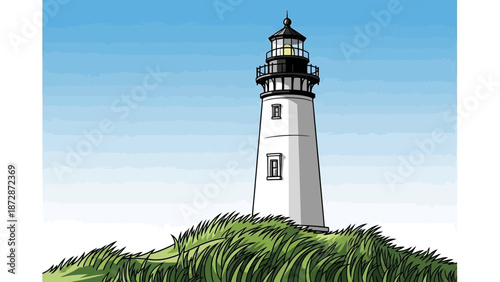 Classic Lighthouse on a Grassy Hilltop Overlooking the Blue Sky