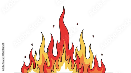 Bright Stylized Flames with Sparks Illustration on White Background, Dynamic Fire Design