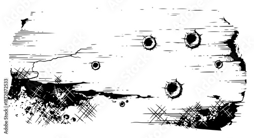 Grunge wooden surface texture damaged by multiple gunshot bullet holes