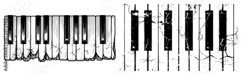 Old broken piano keys sketch with grunge cracks texture