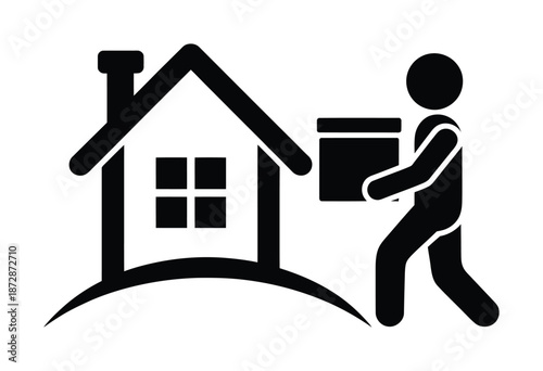 Black vector illustration of a person carrying a box near a house