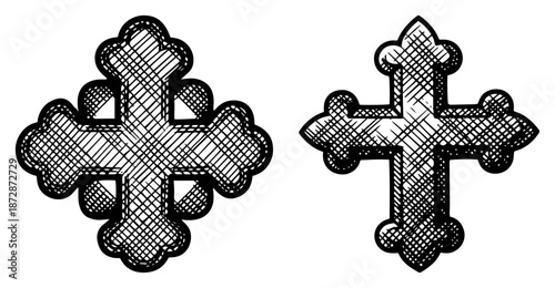 Set of decorative religious crosses with vintage hatching texture
