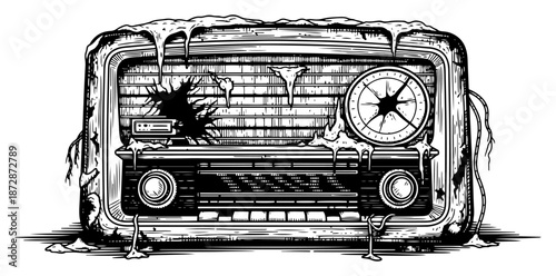 Broken vintage radio covered in melting ice or slime in sketch style