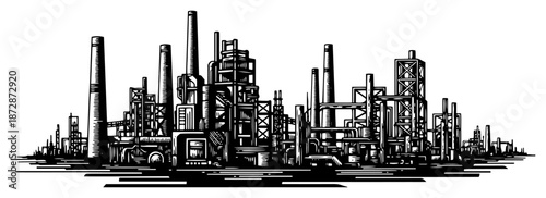 Industrial factory skyline with smokestacks and manufacturing pipes sketch