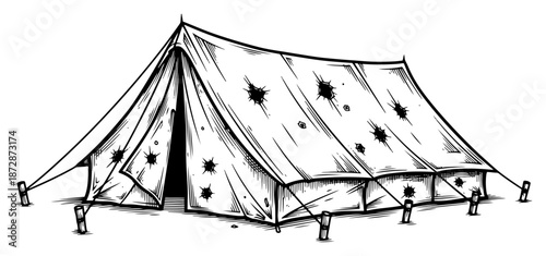 Old damaged camping tent with bullet holes and tears sketch
