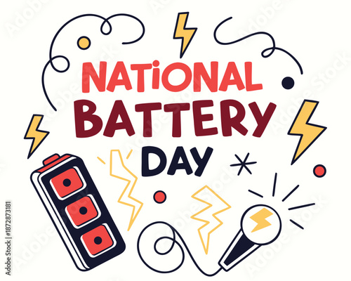 Energy Concept National Battery Day Vector Illustration, Battery Icon and Electronics Design