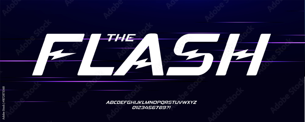 Fototapeta premium Flash Electro Font Logo Alphabet Vector Dynamic Letters Modern Typography, Electricity Typographic Design Title Text, Race Poster Headline, Type Symbol Logotype, Sans Serif Fonts. Vector Typeface.