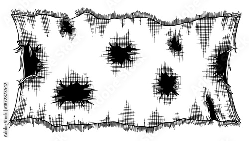 Ragged piece of fabric or paper texture with bullet holes and torn edges