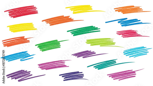 Dynamic collection of vibrant hand-drawn marker scribbles and abstract colorful brush strokes for creative design