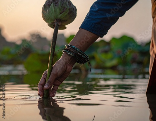 Lotus Harvesting in Serenity: A delicate touch as a hand gently interacts with a lotus flower, capturing a moment of calm and natural beauty amidst the tranquil water. 