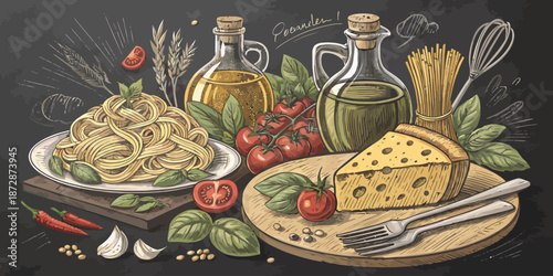 Italian Food Chalkboard Sketch Collection with Spaghetti Ravioli Wine Bottle and Culinary Herbs Vector Illustration for Food Industry