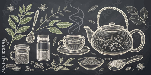 Authentic Tea Ritual Chalkboard Bundle featuring Porcelain Teapot Steaming Cups and Dried Tea Leaves Vector Graphic for Packaging Design