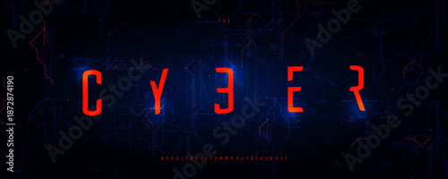 Cyber Font Logo Slim Alphabet Vector Condensed Letters Set Modern Typography, Minimalistic Typographic Design Title Text, Typo Poster Headline, Type Symbol Logotype, Futurist Fonts. Vector Typeface